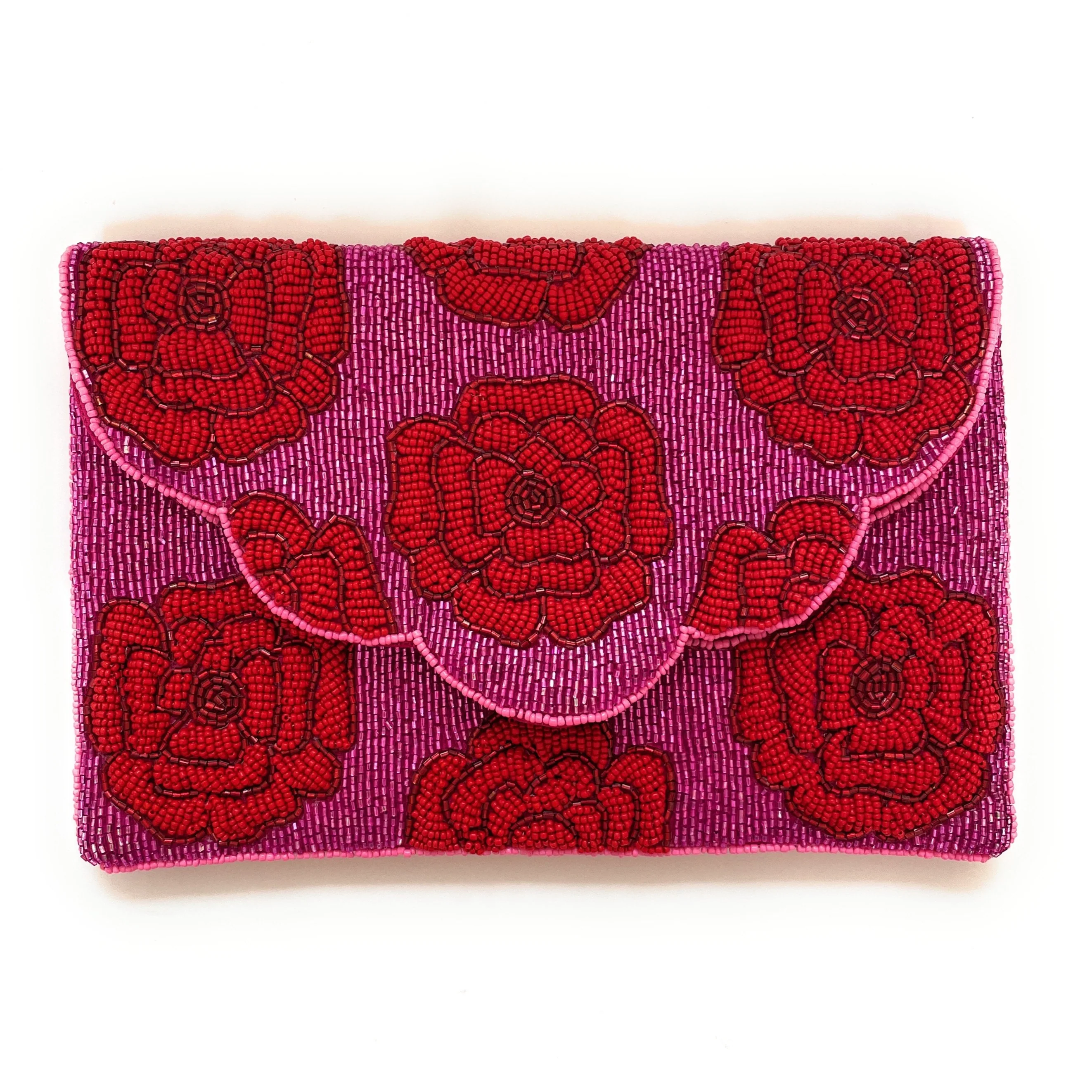 What makes the floral beading on the purse unique?