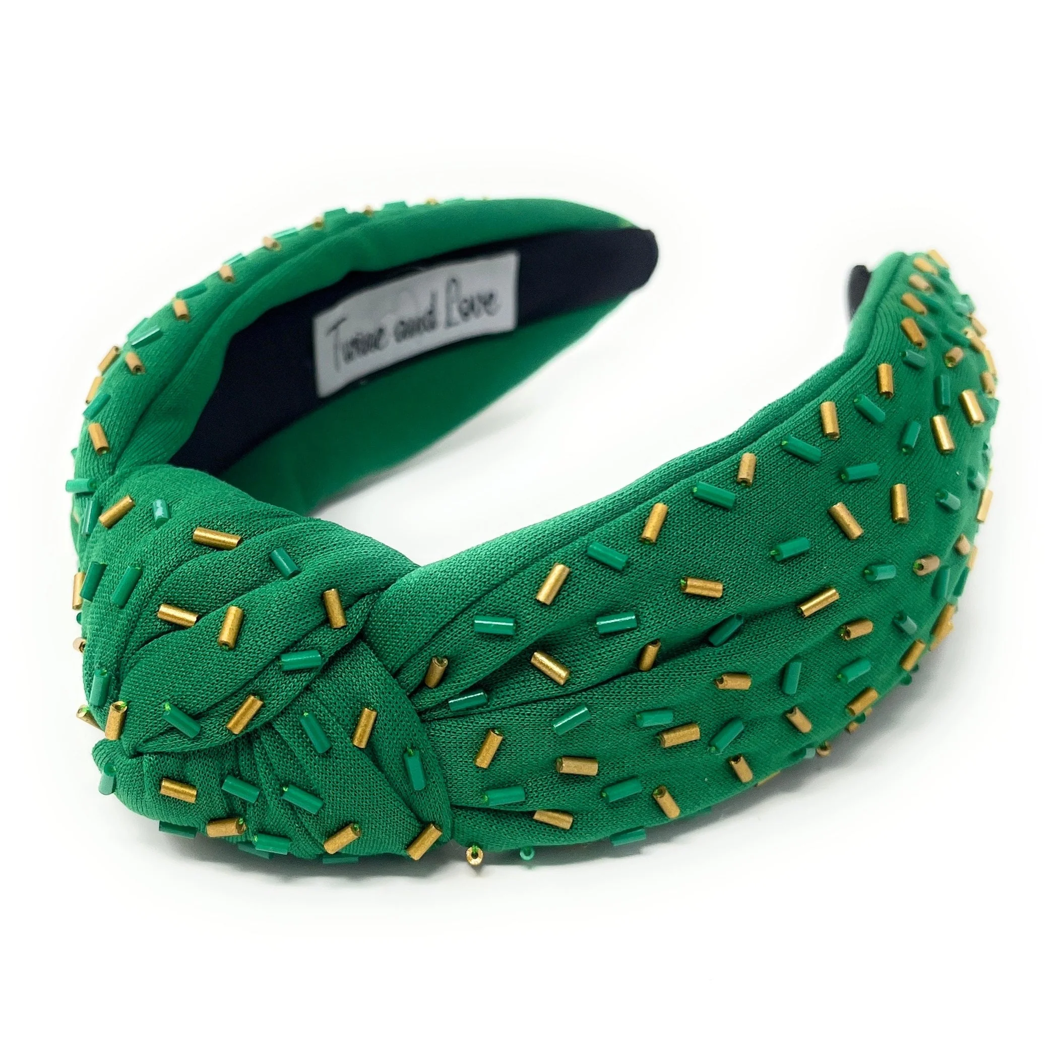 Hand Beaded Green Gold Confetti Knot Headband Questions & Answers