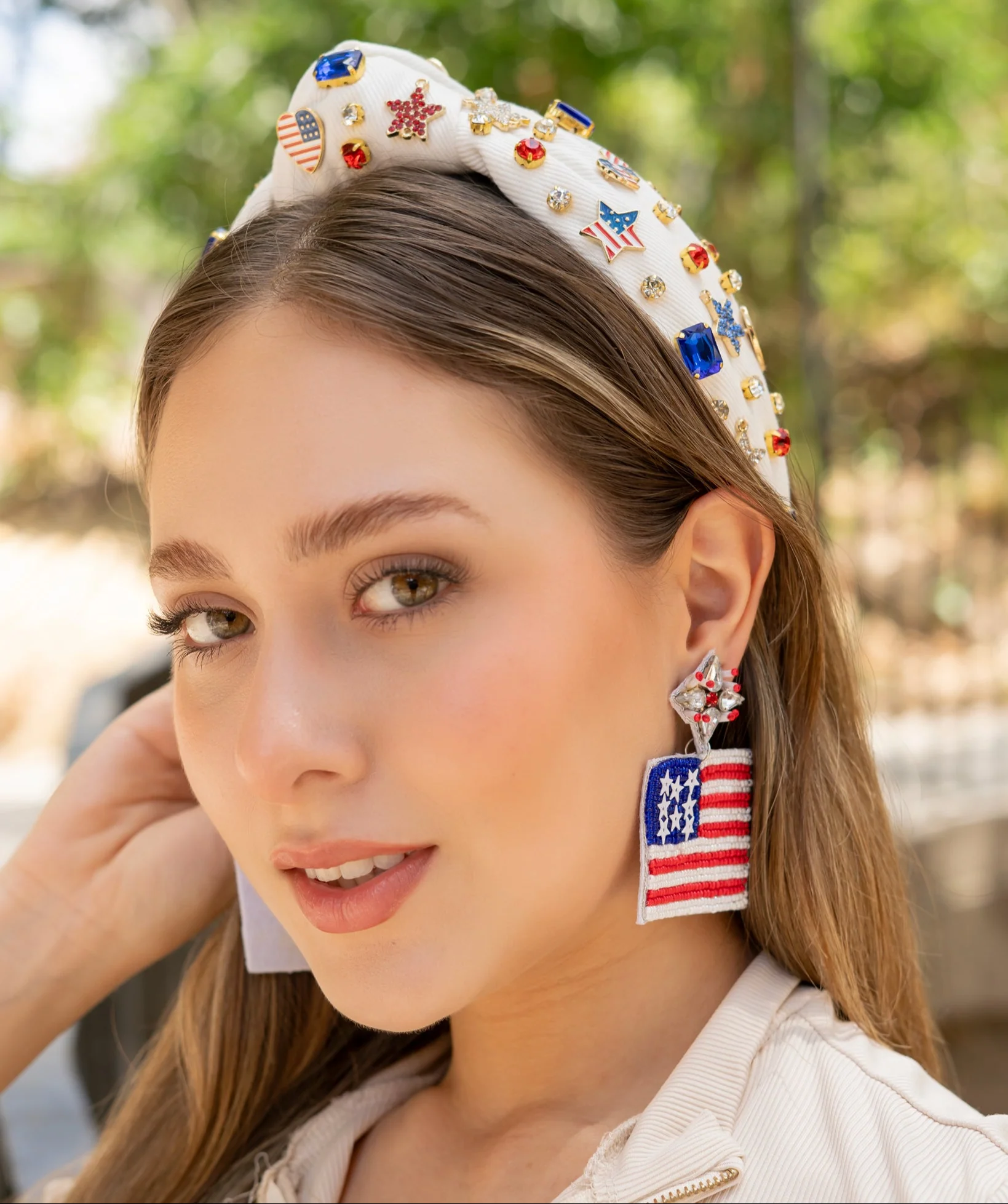 Hand Sewn USA White Jeweled Knot Headband Questions & Answers